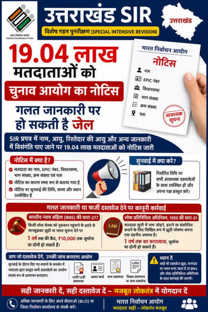 उत्तराखंड चुनाव आयोग ने 19.04 लाख मतदाताओं को जारी किया नोटिस, गलत जानकारी पर जेल की कार्रवाई संभव